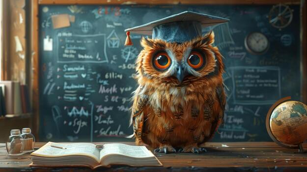 A wise owl wearing a graduation cap sits at a desk with an open book, a pencil, and a globe in front of him. A chalkboard with mathematical equations and formulas is behind him. photo