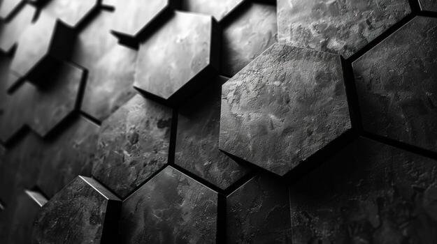 Abstract geometric pattern of black hexagonal tiles with a textured surface. photo