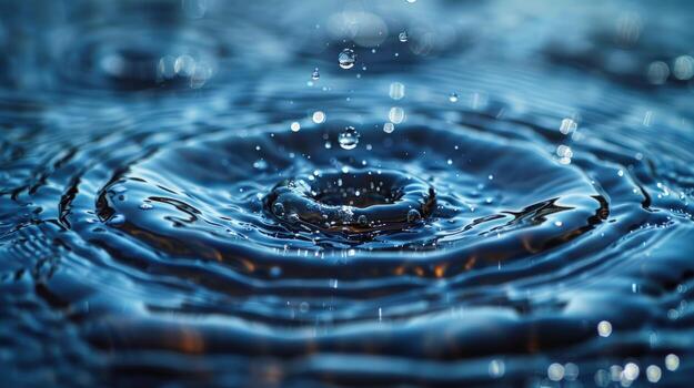 A single water drop creates concentric ripples on a calm blue surface, reflecting light and creating a mesmerizing pattern. photo