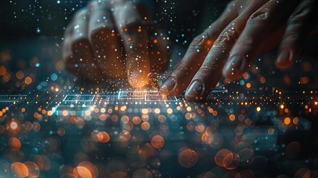 Hands interacting with a glowing digital interface, representing innovation, technology, and progress. photo