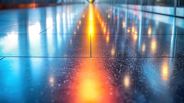 A long line of lights reflects off the shiny floor of a modern building, creating a vibrant and colorful pattern. photo