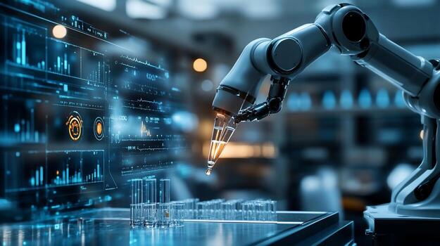 Robotic arm precisely dispensing liquid into test tubes in a modern laboratory setting with digital interface. photo