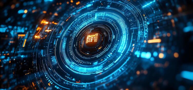 Abstract futuristic technology HUD interface with glowing circular elements and digital data. photo