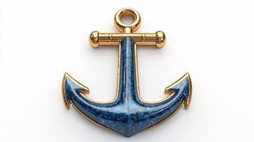 Blue and gold nautical anchor isolated on white. photo