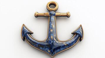 Blue and gold nautical anchor, isolated on white. photo