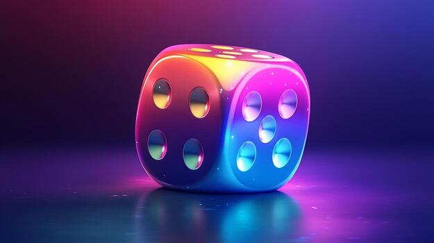 Neonlit dice with a vibrant gradient, showing four and three dots, reflecting on a dark surface. photo