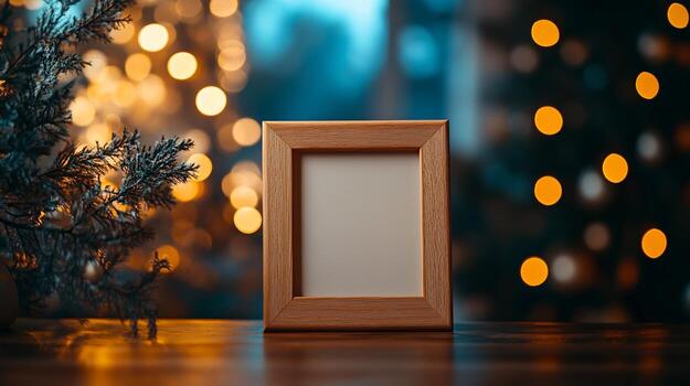 Empty wooden frame on table with bokeh lights and fir branch. photo