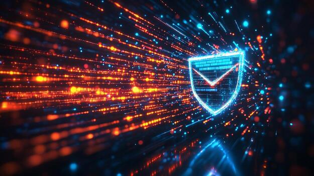 Glowing shield with checkmark, digital data streams. photo