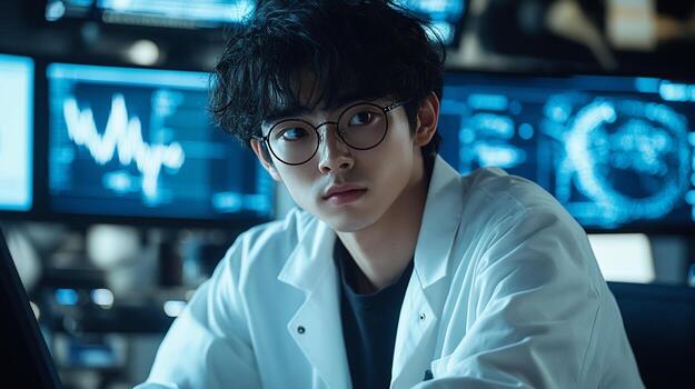 Young scientist in lab coat, looking thoughtfully at computer screens displaying data. photo