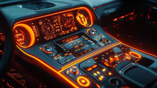 Futuristic car interior with illuminated dashboard and controls at night. photo