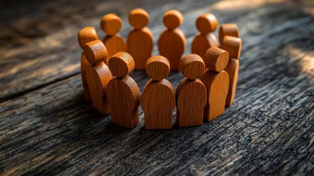 Wooden figures in a circle on a rustic wooden surface, symbolizing teamwork, unity, and community. photo