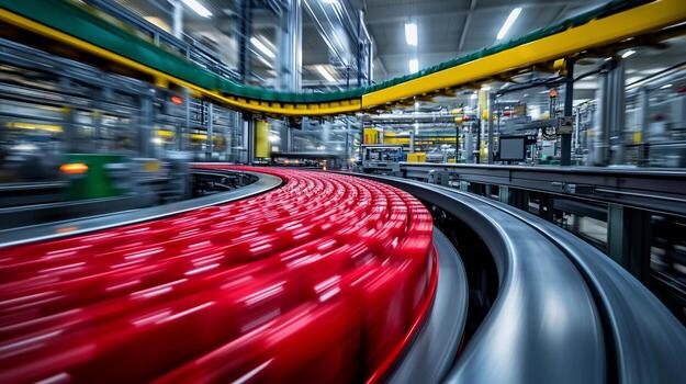 Red objects moving on a curved conveyor belt in a modern factory. photo
