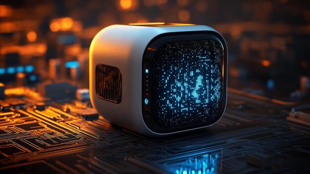 Futuristic cube device displaying data on circuit board. photo