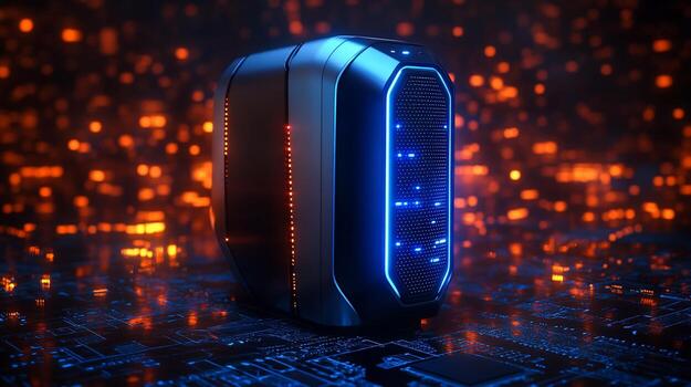 Futuristic computer tower with glowing lights on circuit board. photo