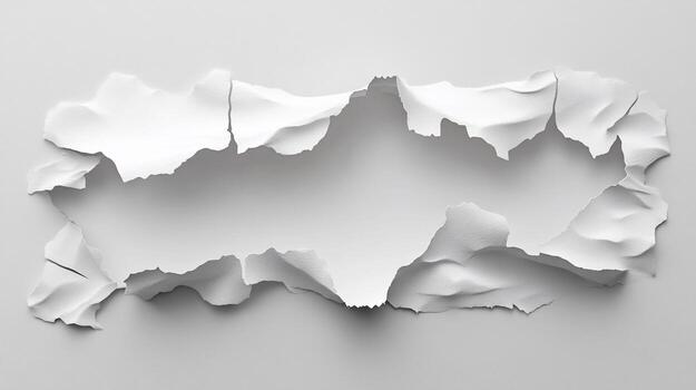 Torn white paper with a rectangular hole in the center, showing a textured, ripped edge. photo