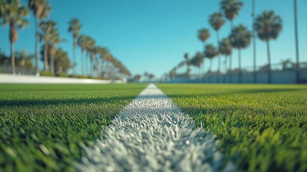 Closeup of a white line on a green artificial turf field with palm trees in the background. photo