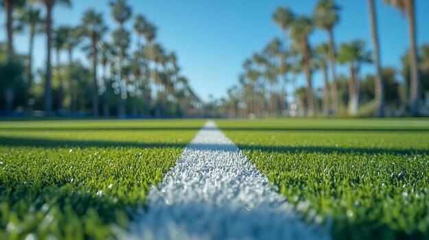Low angle view of a white line on a green artificial turf field with palm trees in the background. photo