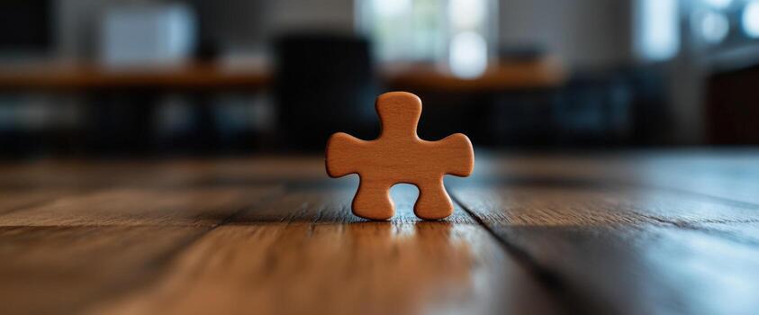 Single Wooden Puzzle Piece on a Table, Solution, Connection, Missing Piece, Problem Solving, Teamwork, Unity, Strategy, Collaboration, Business Concept photo