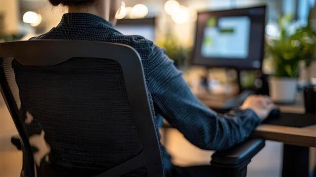 Back View of a Person Working on a Computer in a Modern Office photo