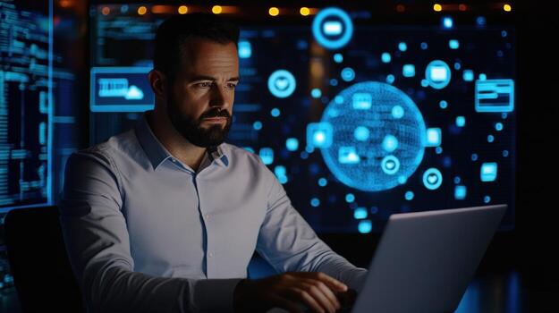 enfocado programador trabajando tarde, inmerso en datos visualización foto