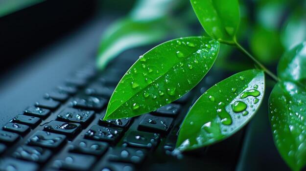 a close up of a computer keyboard with water droplets on it photo