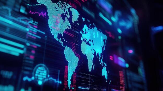 Global Network Data Visualization Futuristic World Map Display photo