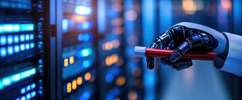 Robotic Hand Interacting with Server Technology AI and Data Center Management photo