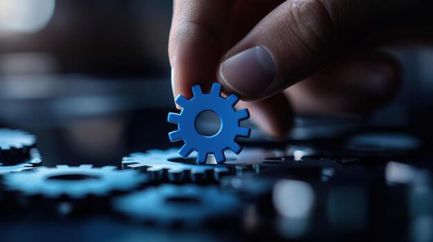 Precision Engineering A Hand Carefully Places a Blue Gear into a Complex System of Interlocking Cogs, Symbolizing the Intricate Processes of System Optimization and Problem Solving. photo
