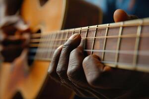de cerca de un del músico manos jugando acústico guitarra foto