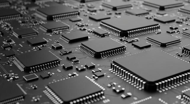 High tech motherboard circuit board close up technology background computer component engineering it industry photo