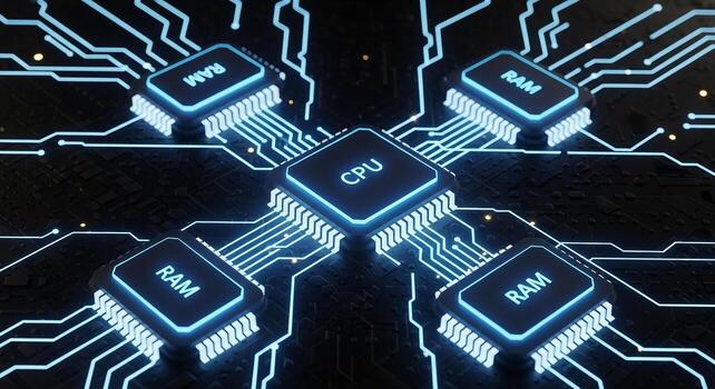 Cpu and ram chips connected with glowing circuits for high performance computing and data processing tasks photo