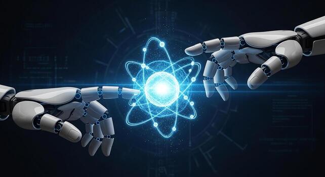 Ai robot hands touching atom future technology artificial intelligence machine learning automation science photo