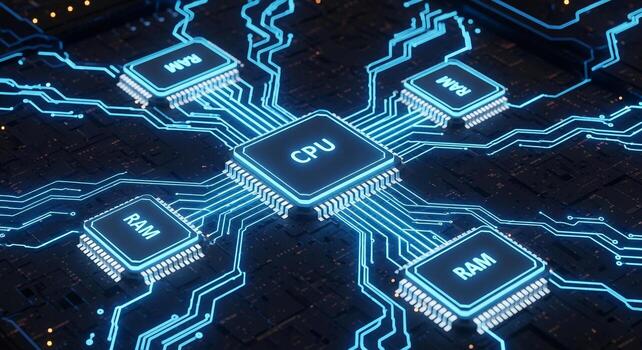 Computer cpu and ram motherboard circuit board technology digital processing data system it hardware concept photo