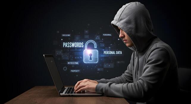 Cybersecurity threat hacker stealing personal data passwords from laptop computer online security concept photo