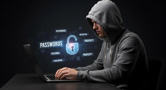 Hacker stealing passwords cyber security data breach online privacy internet security password protection photo