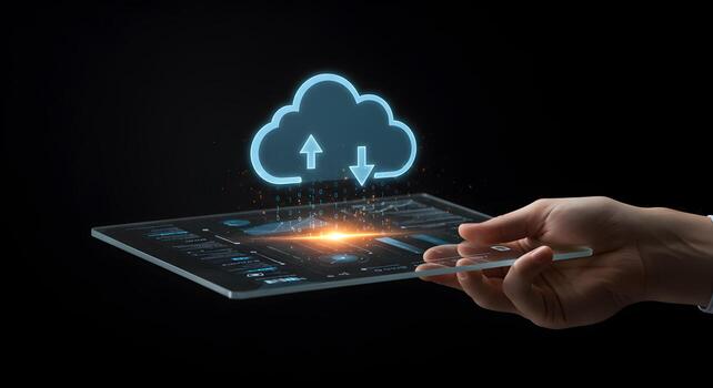 Cloud computing technology data storage hand holding tablet with cloud icon upload download concept photo