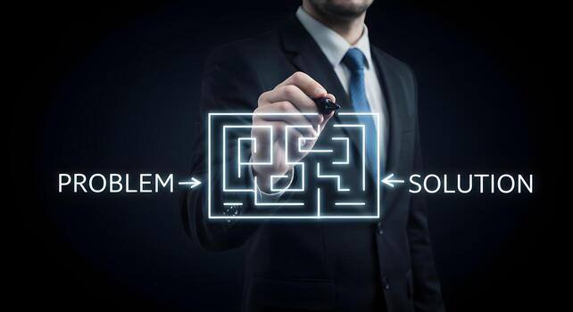 Problem solving strategies businessman finding solution through maze challenge concept drawing photo