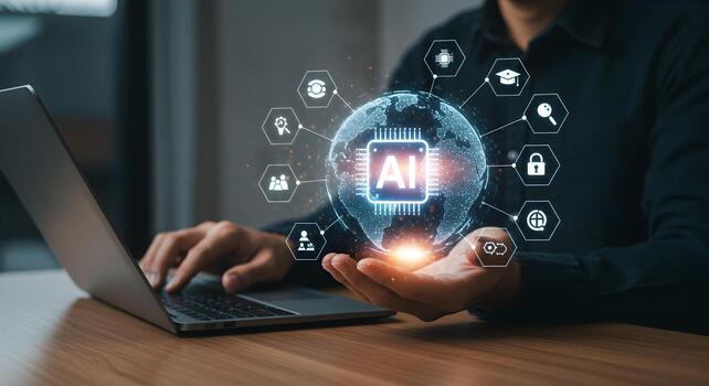 ai artificial inteligencia tecnología concepto hombre trabajando en ordenador portátil con ai globo holograma monitor foto
