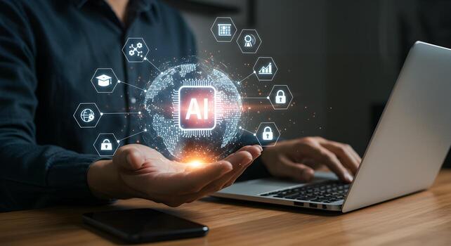 artificial inteligencia ai tecnología concepto con hombre utilizando ordenador portátil para innovación y automatización foto