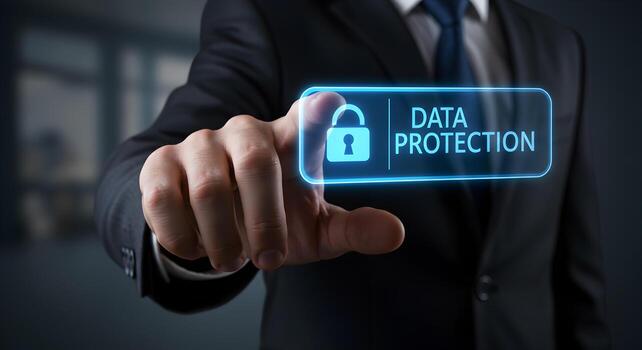 Data protection security concept businessman touching data protection icon interface button on virtual screen photo