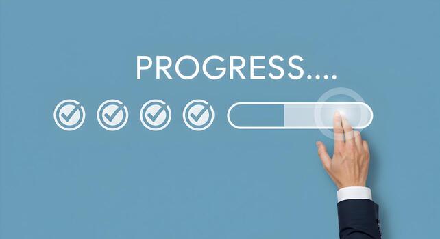 Progress bar concept showing completed tasks and hand pushing the progress to completion stage photo