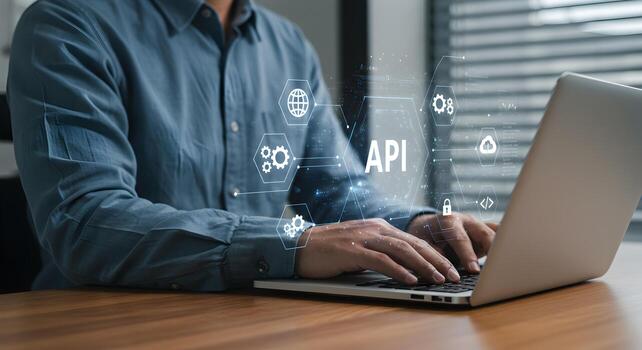 Api integration developer working on laptop for software development and data communication concept photo