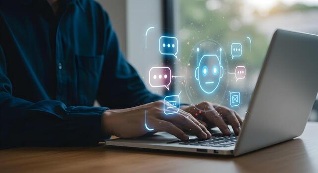Ai chatbot technology concept person using laptop with ai assistant for communication and automation photo