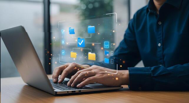 Data management system concept business man using laptop for file transfer and sharing network 100 photo