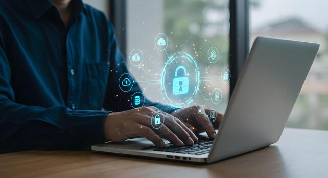 Cybersecurity data privacy concept man using laptop with lock icon secure data cloud computing network photo