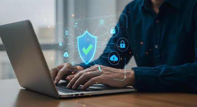 Cyber security concept man using laptop with shield icon for secure data network access system photo
