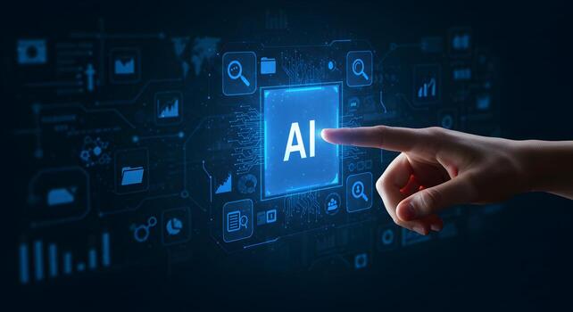 Artificial intelligence ai concept with hand touching screen modern technology interface photo