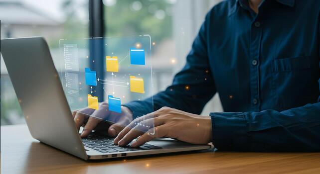 archivo administración sistema en ordenador portátil para datos almacenamiento y nube informática tecnología concepto utilizar de software foto