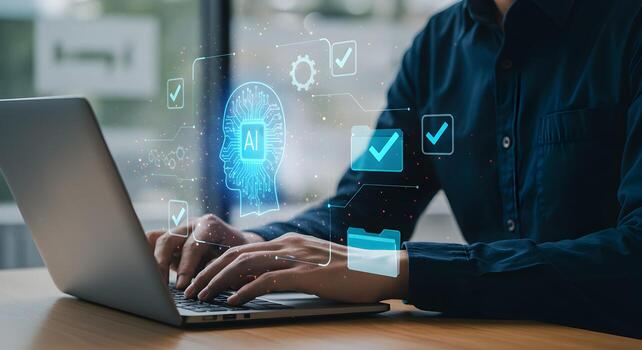 Ai technology laptop concept business automation and machine learning artificial intelligence solution photo