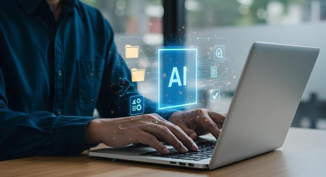 Ai technology concept person using laptop with artificial intelligence automation software 100 photo